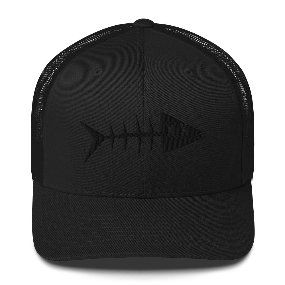 Clishirt© 3D Puff Embroidered Black Fish on Black Trucker Cap