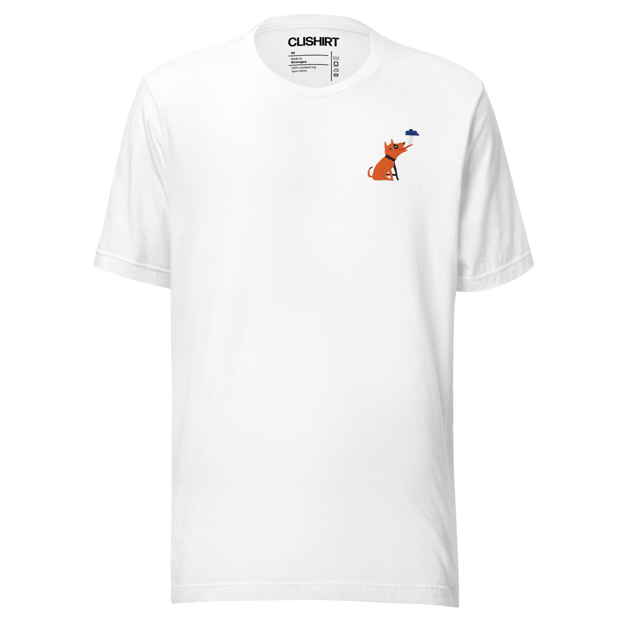 Clishirt© Multi Color Embroidered Dog Drinking Rain Illustration Unisex t-shirt