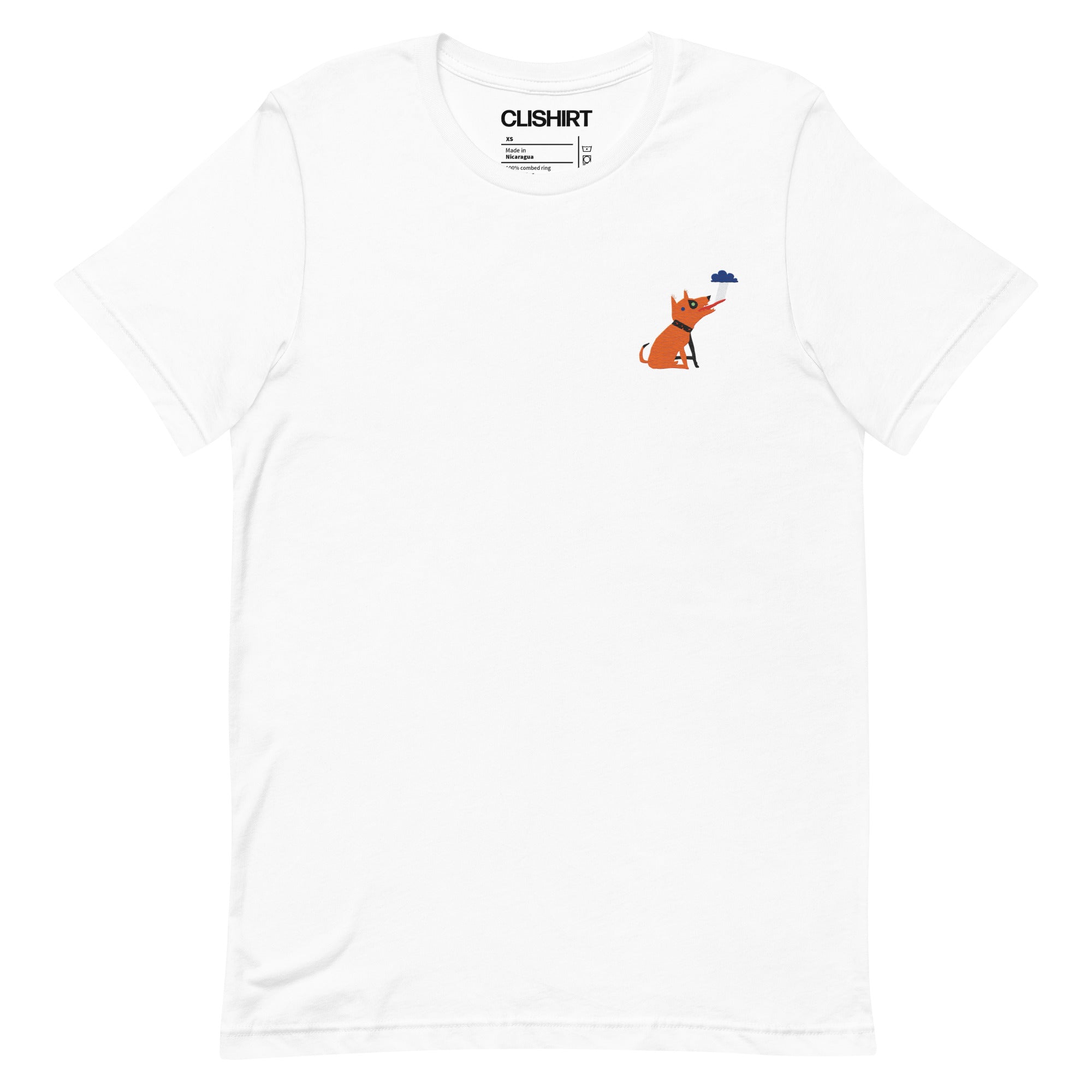 Clishirt© Multi Color Embroidered Dog Drinking Rain Illustration Unisex t-shirt