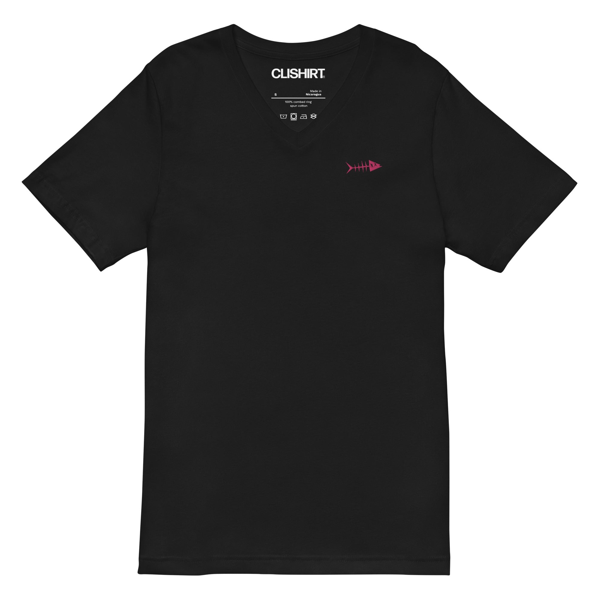 Clishirt© Embroidered Magenta Fish Unisex Short Sleeve V-Neck T-Shirt