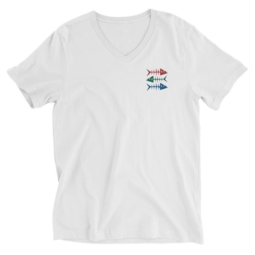 Clishirt© Embroidered Red Green Blue Fish Unisex Short Sleeve V-Neck T-Shirt