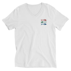 Clishirt© Embroidered Red Green Blue Fish Unisex Short Sleeve V-Neck T-Shirt