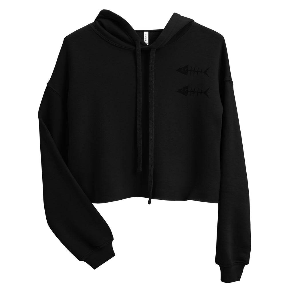Clishirt© Embroidered Black Fish on Black Crop Hoodie