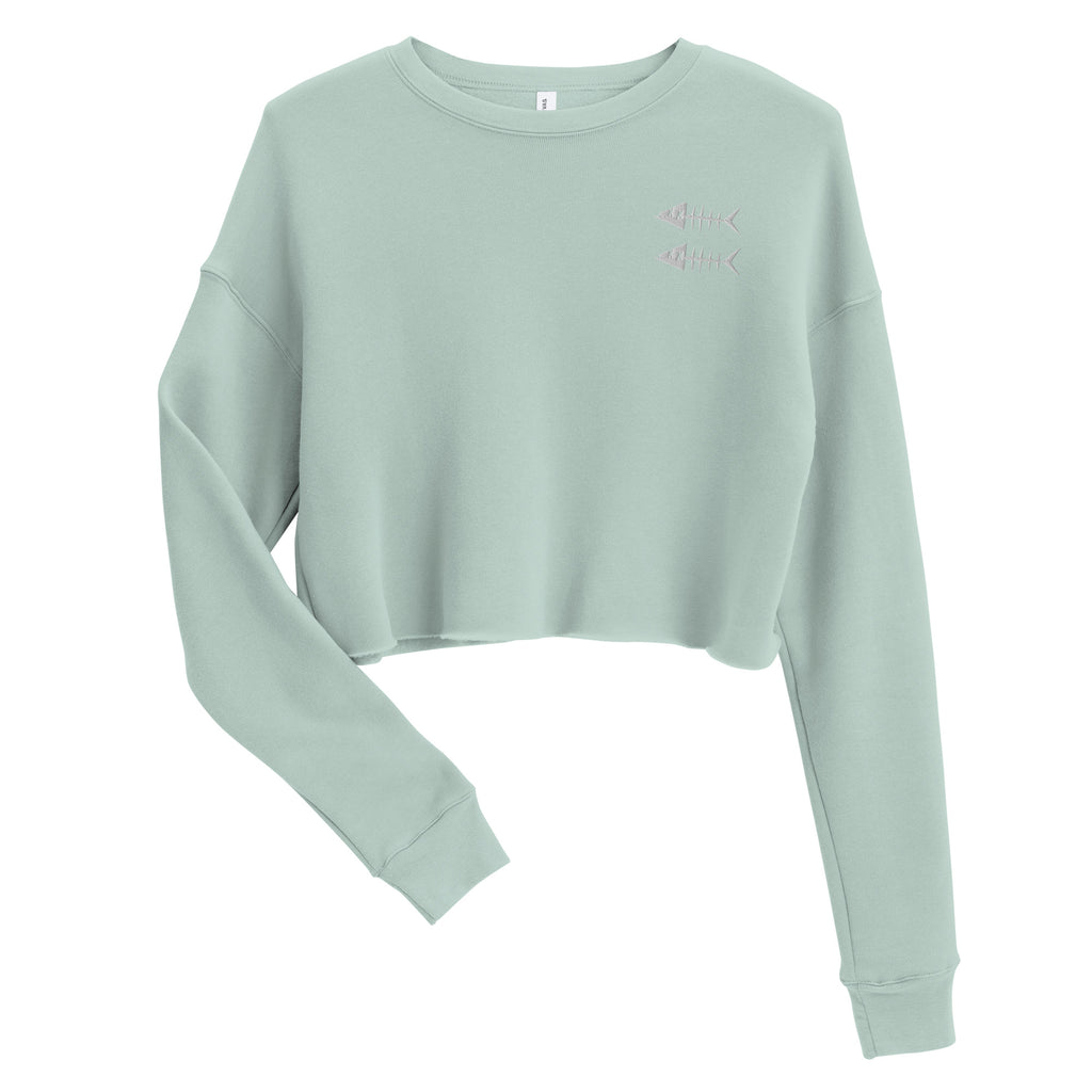 Clishirt© White Fish Embroidered Dusty Blue Crop Sweatshirt