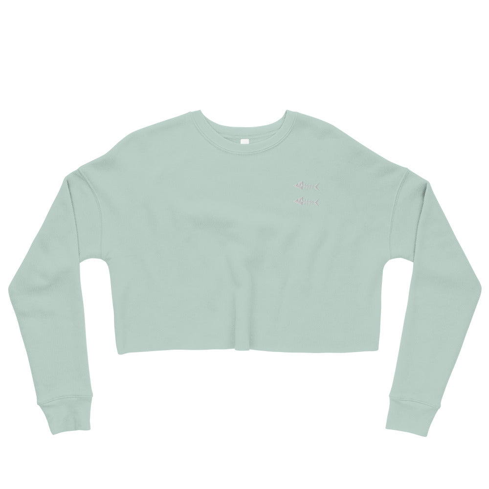 Clishirt© White Fish Embroidered Dusty Blue Crop Sweatshirt