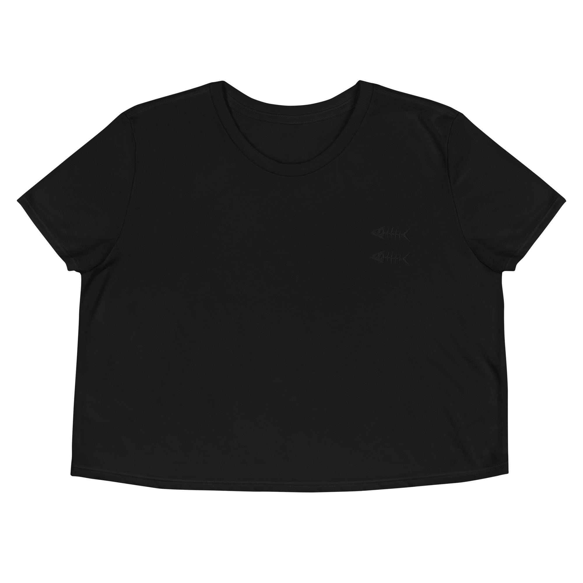 Clishirt© Embroidered Black Fish on Black Crop Tee