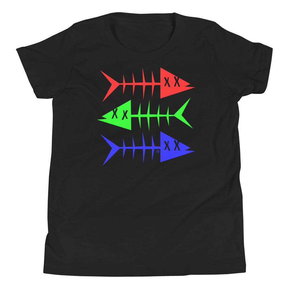 Clishirt© Red Green Blue Fish Youth Short Sleeve Black T-Shirt